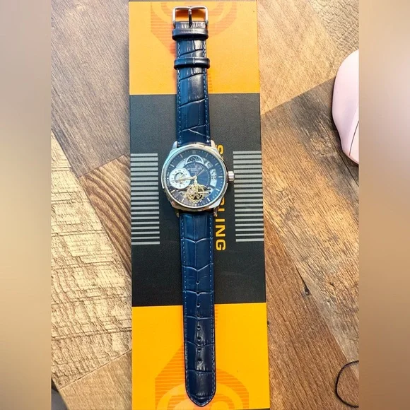 Stuhrling Men's Blue Automatic Skeleton Alligator Embossed Leather Watch 42mm - Picture 3 of 9